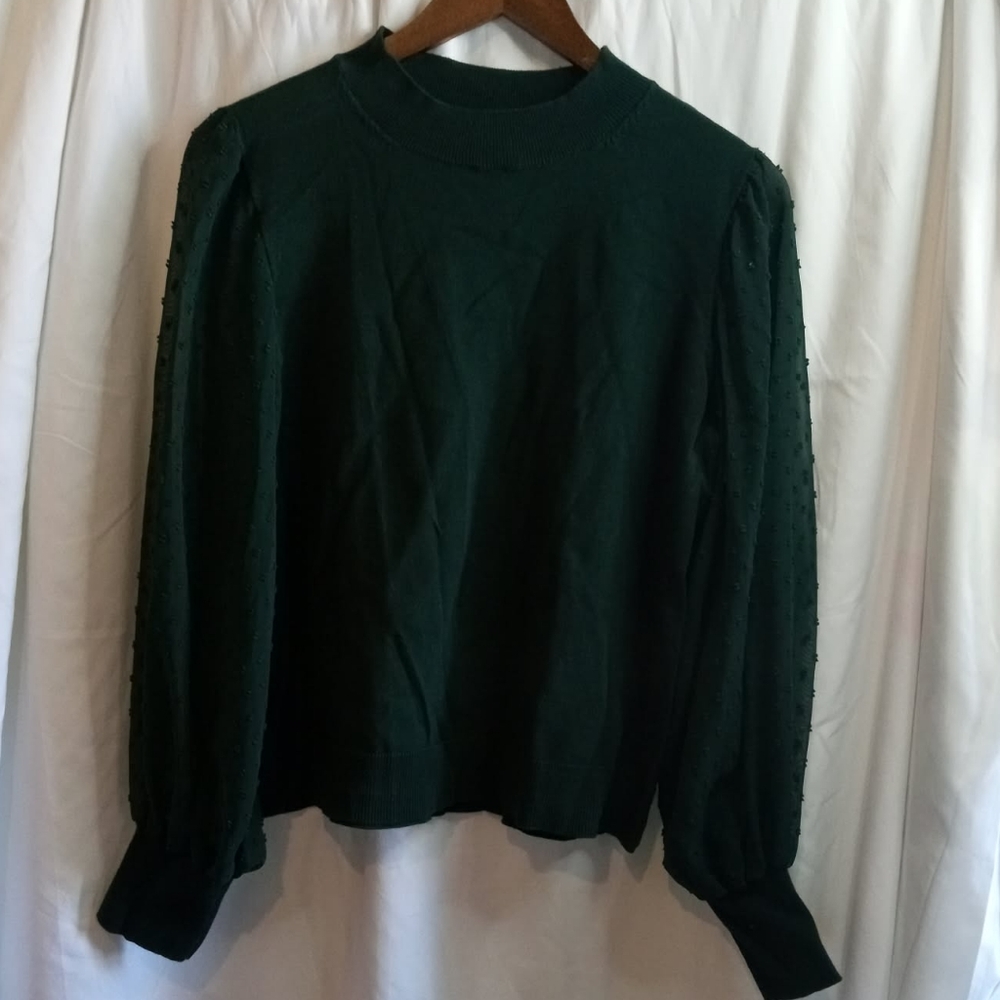 CeCe Large Dark Green Textured Sheer Peasant Sleeve Sweater Casual Fall Office